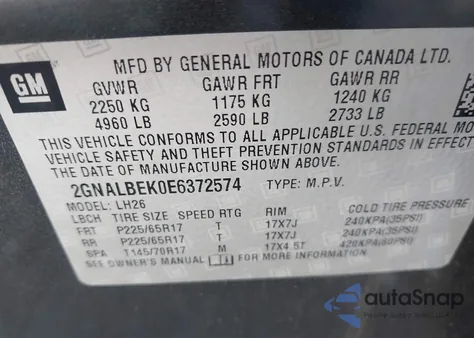 2014 Chevrolet Equinox 1Lt из США, поврежденный, VIN 2GNALBEK0E6372574